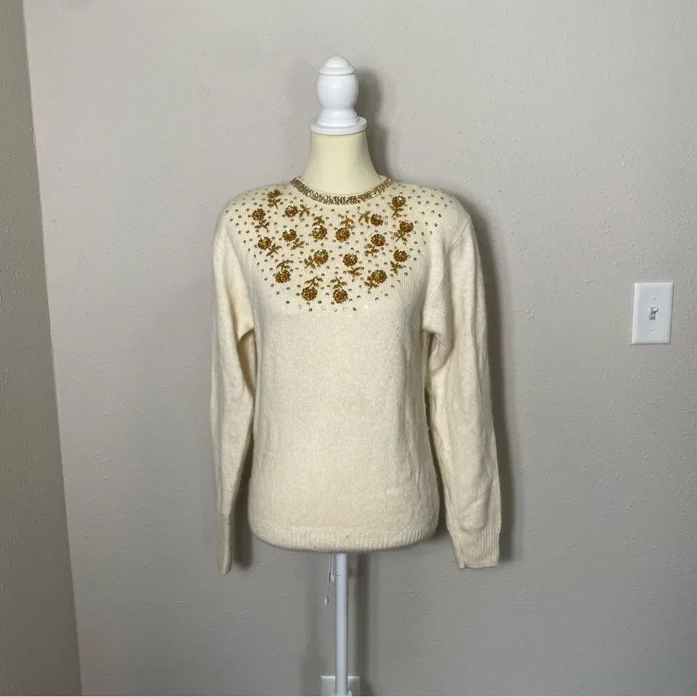 Worthington Vintage Silk, Angora & Lambswool Ivory Knit Sequin Sweater Women's M